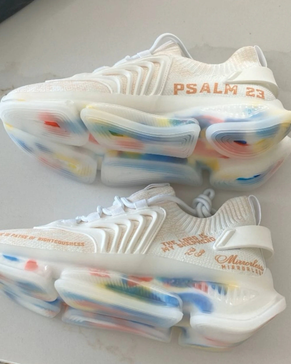 Psalm 23s Paths of Righteousness colorway with multicolor sole
